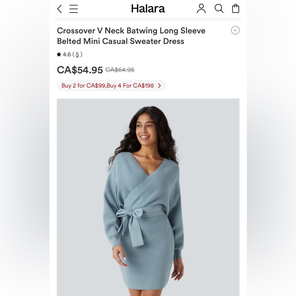 Halara V-Neck Dress Batwing Long Sleeve Belted Mini Sweater Small MSRP $54.95